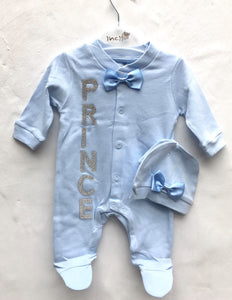 Baby Boys Elegant All in one Blue Diamante Prince Baby Grow with Hat and Mittens