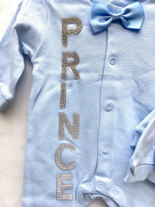 Baby Boys Elegant All in one Blue Diamante Prince Baby Grow with Hat and Mittens